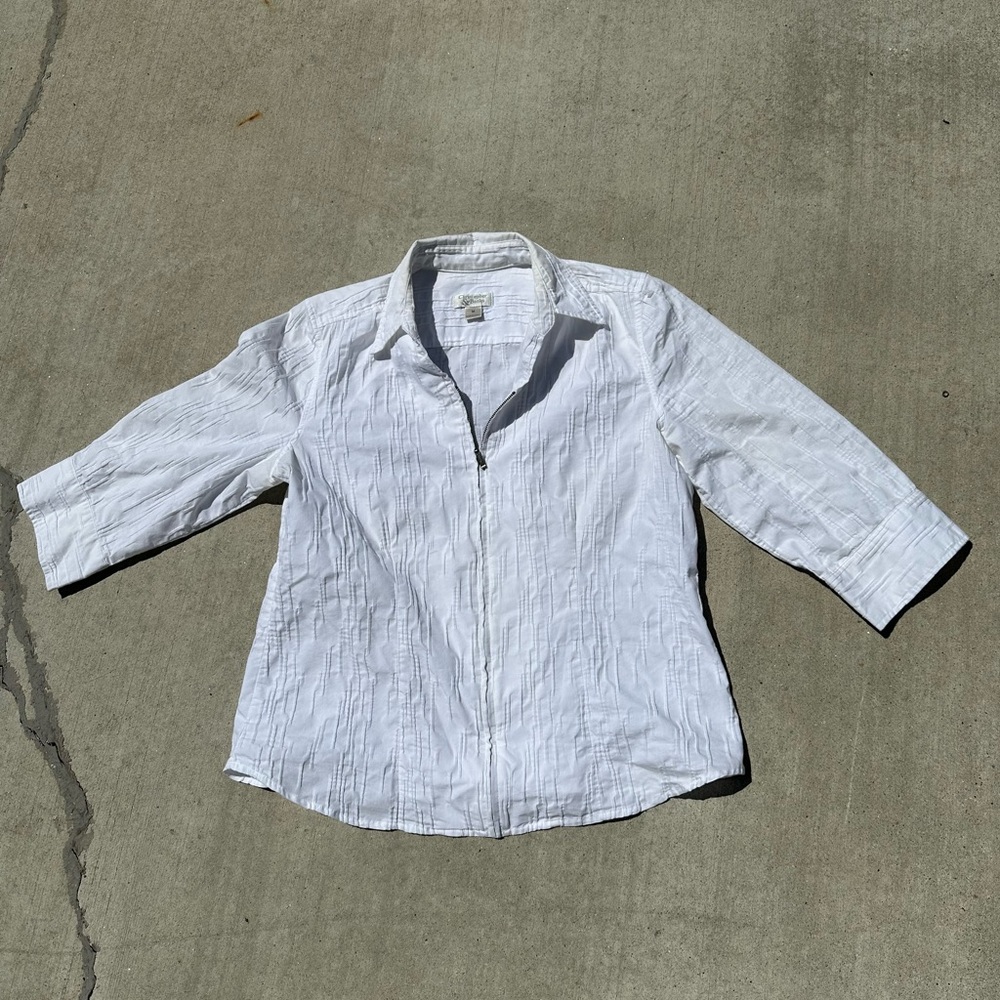 Y2K White Ribbed Quarter Sleeve Blouse Size M